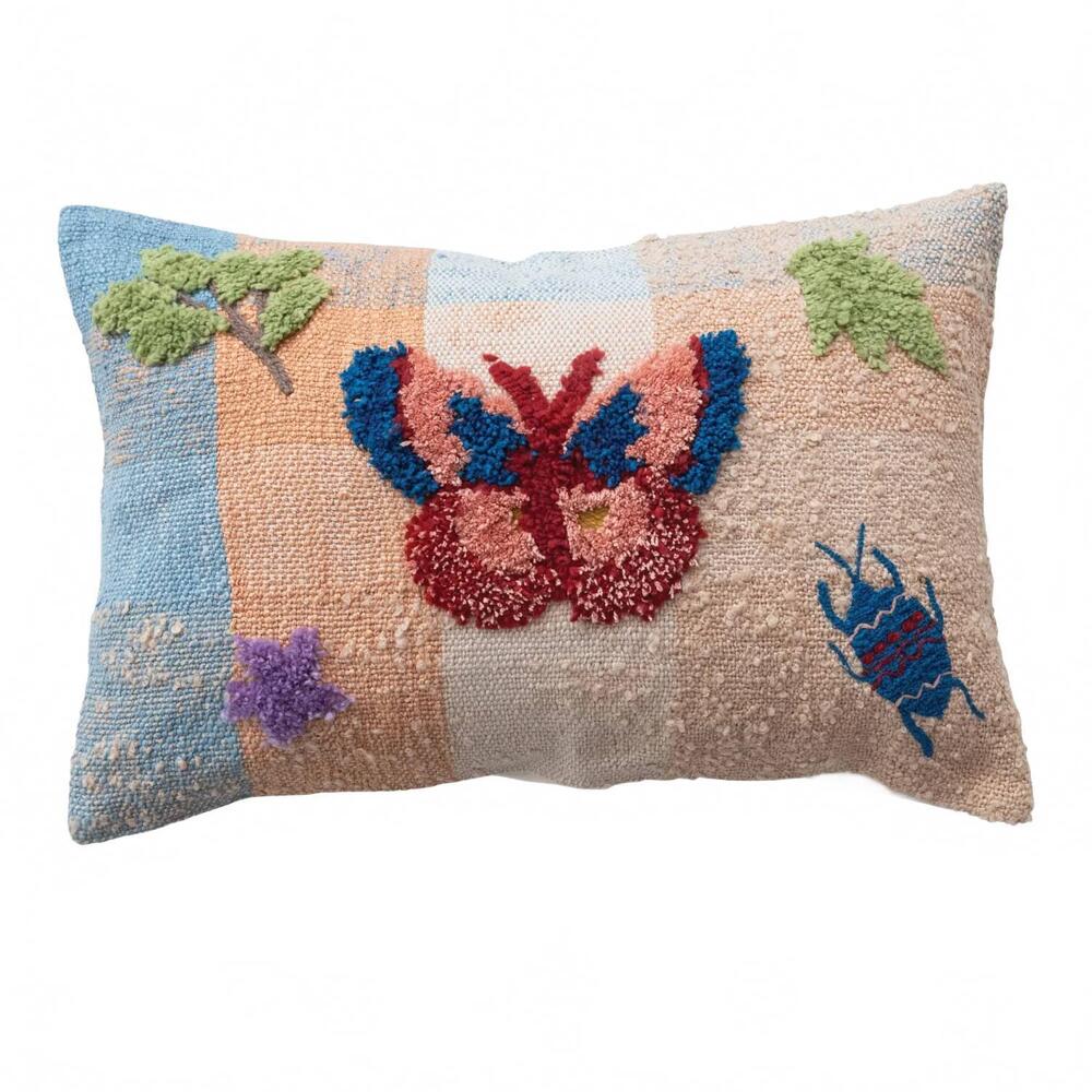 NEW CREATIVE CO-OP tufted & embroidered butterfly & insect woven thow pillow in